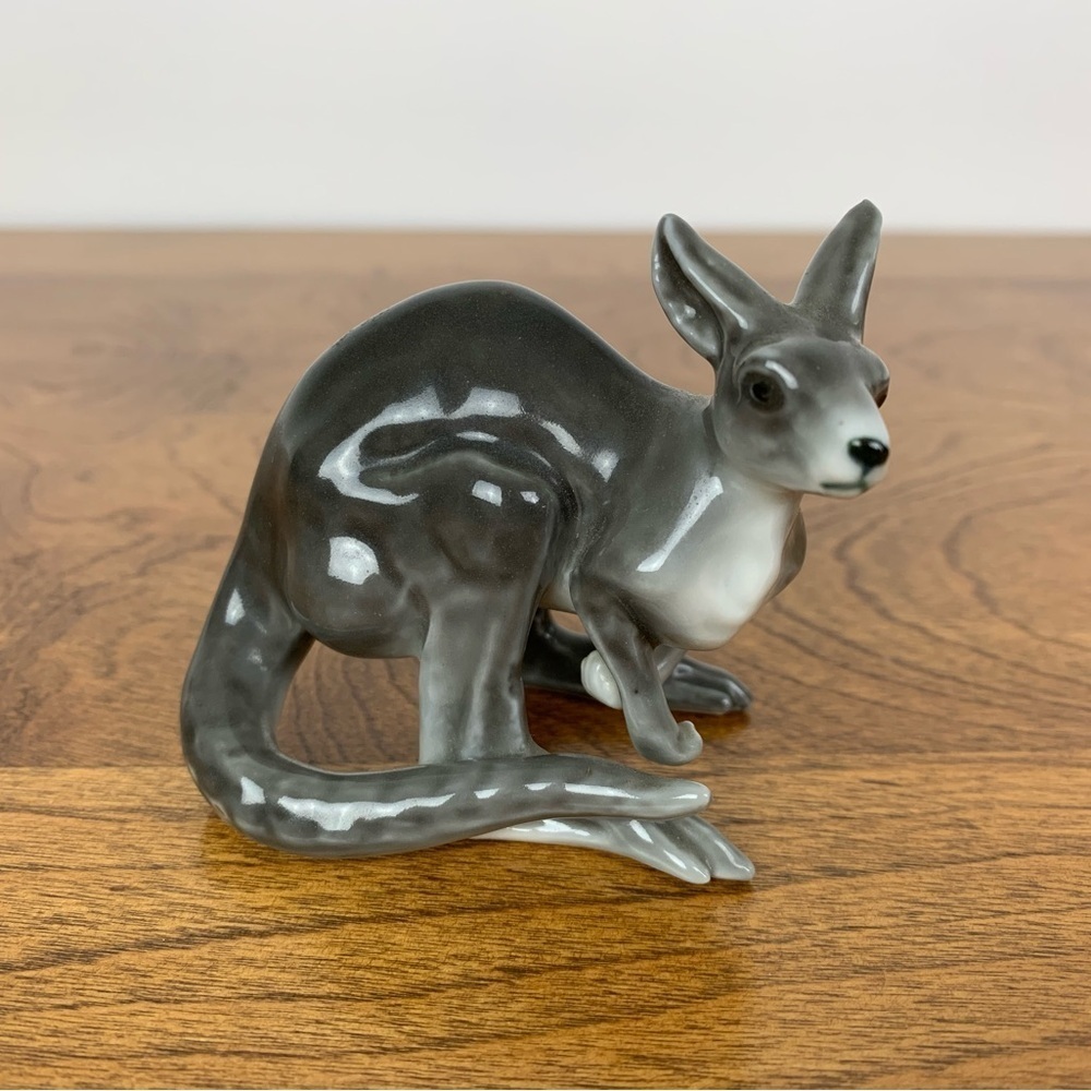 Kangaroo Figurine Handmade Japan Stamped Grey White Glossy Animal Figurine